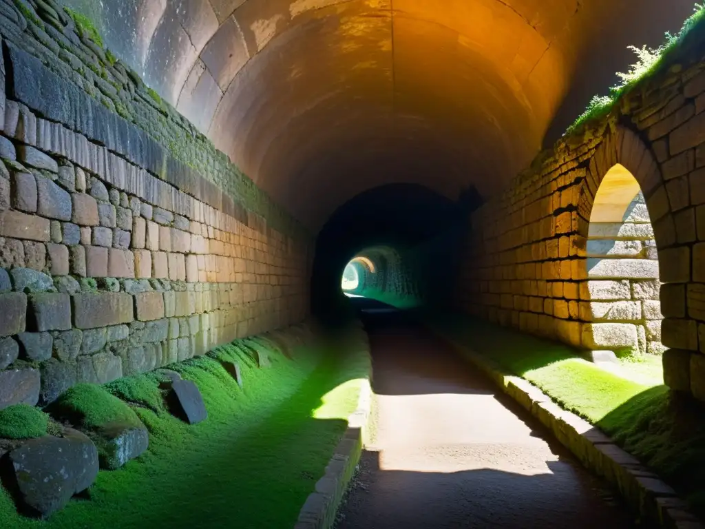 Aplicación de acústica en túneles antiguos: misterioso túnel antiguo, iluminado tenue, con paredes de piedra cubiertas de musgo