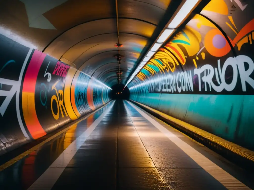 Fotografía de túnel subterráneo adornado con graffiti vibrante y una luz cálida al final, creando una experiencia visual inmersiva