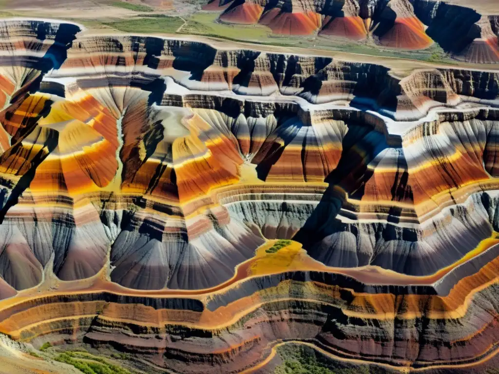 Una fotografía aérea de alta resolución muestra capas subterráneas de sedimentos, con colores vibrantes, vetas de minerales y juego de luces