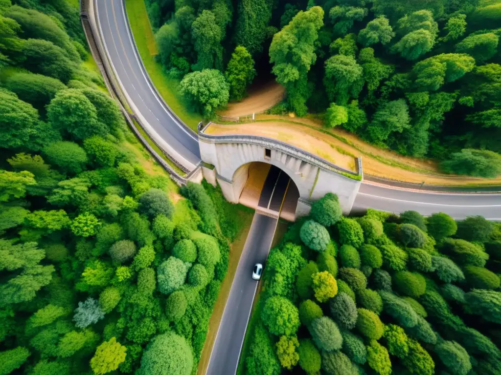 Exploración aérea de túneles históricos: Fotografía aérea de alta resolución capturada por un dron, revela la belleza del túnel histórico y su entorno natural, bañados en suave luz dorada