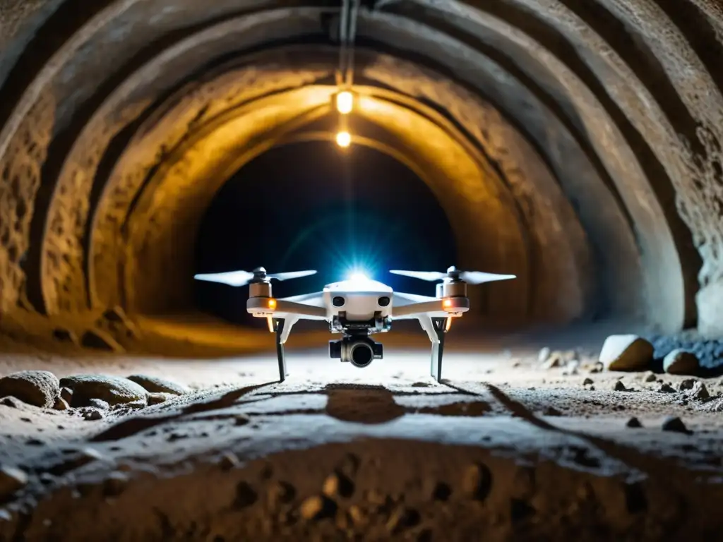 Exploración aérea de túneles históricos: Un drone iluminado explora un antiguo túnel subterráneo, resaltando su belleza arquitectónica y misterio