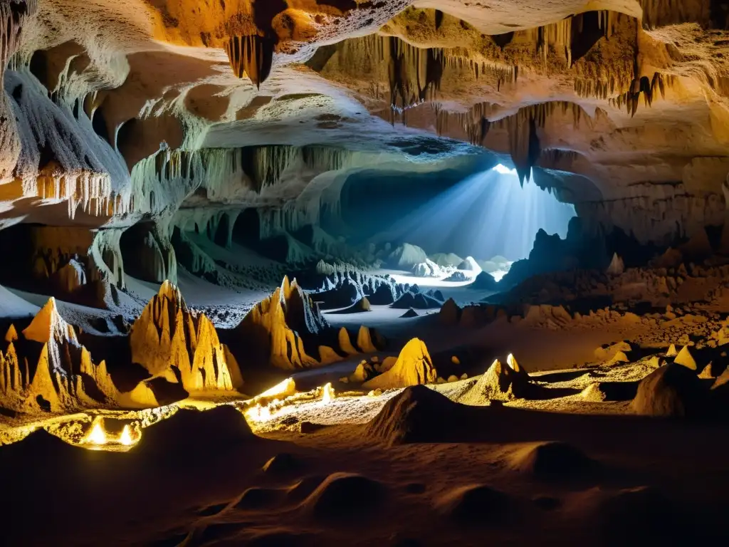 Sensación de aislamiento en cavernas: una cueva antigua con estalactitas y estalagmitas que crean una escultura natural hipnotizante en la penumbra