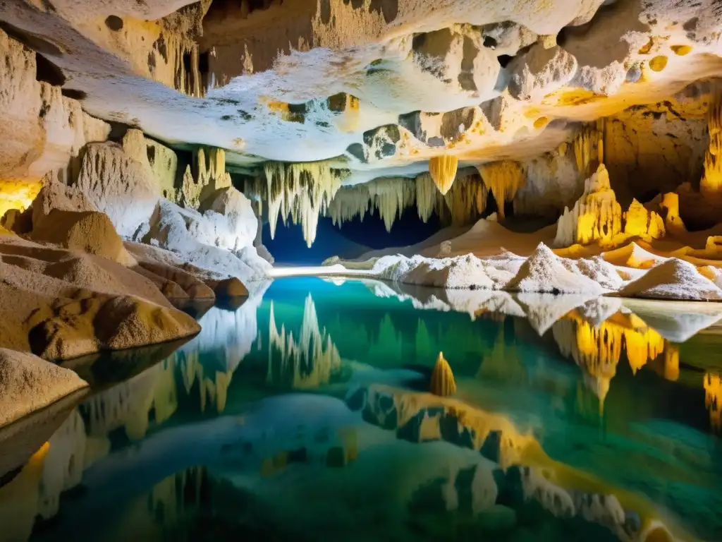 Sensación de aislamiento en cavernas: Cueva de piedra caliza iluminada por luz suave, con formaciones estalactitas y estalagmitas