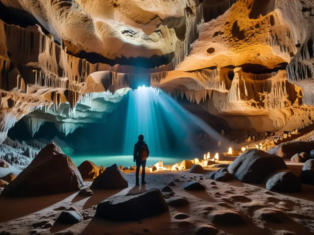 Fotografía en ambientes subterráneos históricos: Caverna iluminada con estalactitas y estalagmitas, creando un juego de luces y sombras