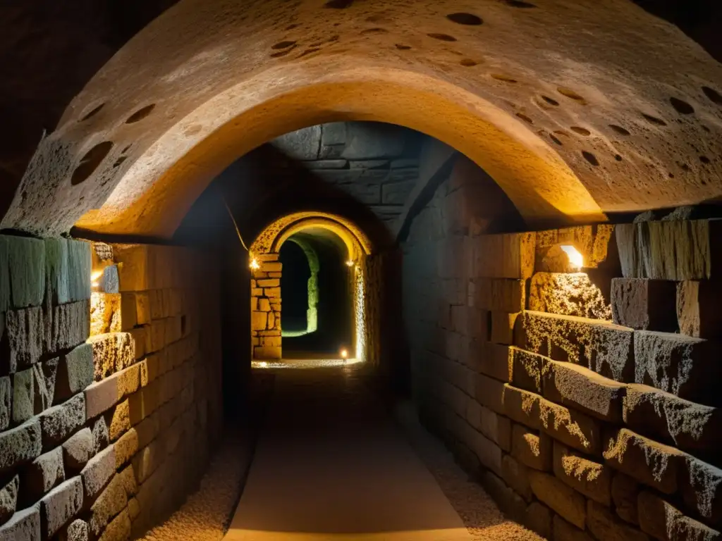 Una fotografía en ambientes subterráneos históricos: pasadizo de piedra iluminado por antorchas, revelando misterio y texturas antiguas