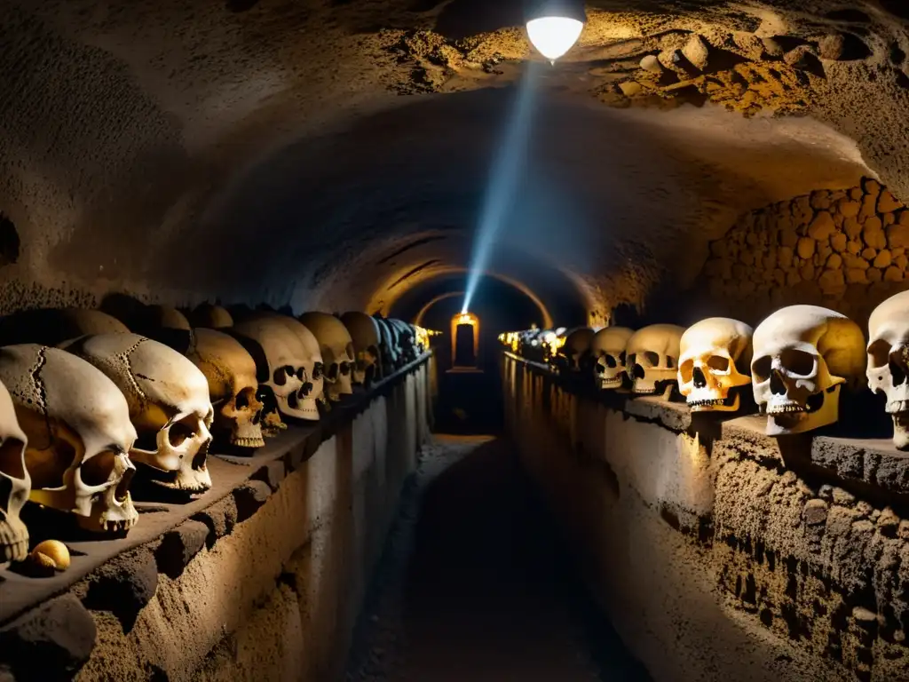 Antigua catacumba parisina, con huesos apilados y sombras en la tenue luz de las lámparas, evocando historias ocultas y misterios del pasado