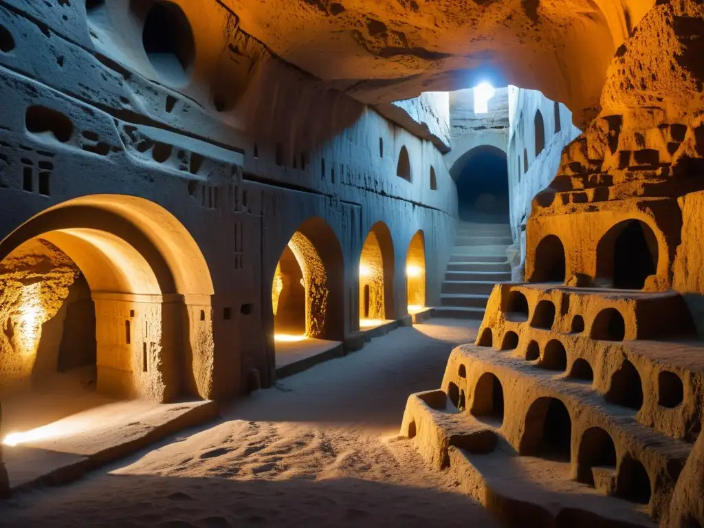 Descubre la ingeniería antigua en la ciudad subterránea de Derinkuyu, con sus intrincados túneles iluminados y sombras evocadoras