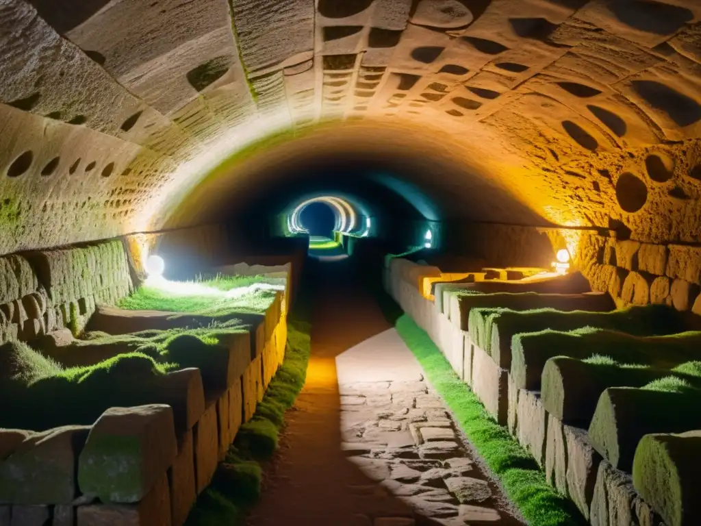 Explora una antigua red de túneles subterráneos iluminada por antorchas, revelando cartografía histórica en las paredes