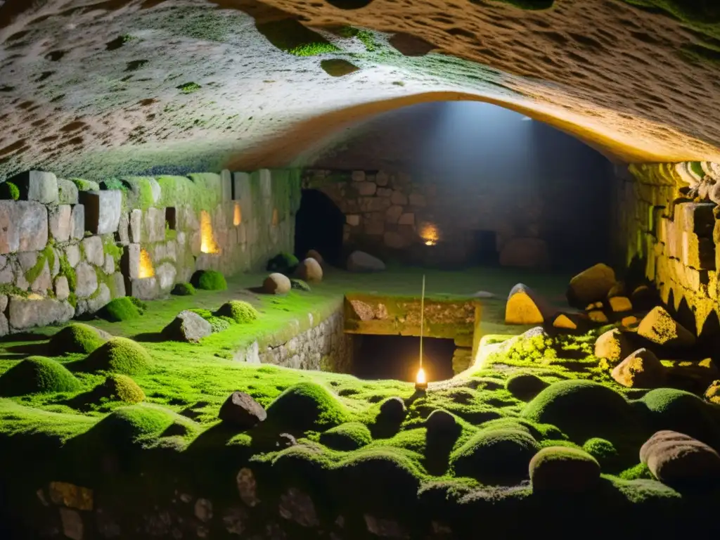 Antigua cámara subterránea iluminada por un rayo de luz, con muros de piedra cubiertos de musgo verde