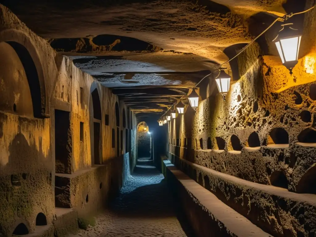 Explora las antiguas catacumbas de Nápoles, con sus pasadizos iluminados por linternas y muros de piedra