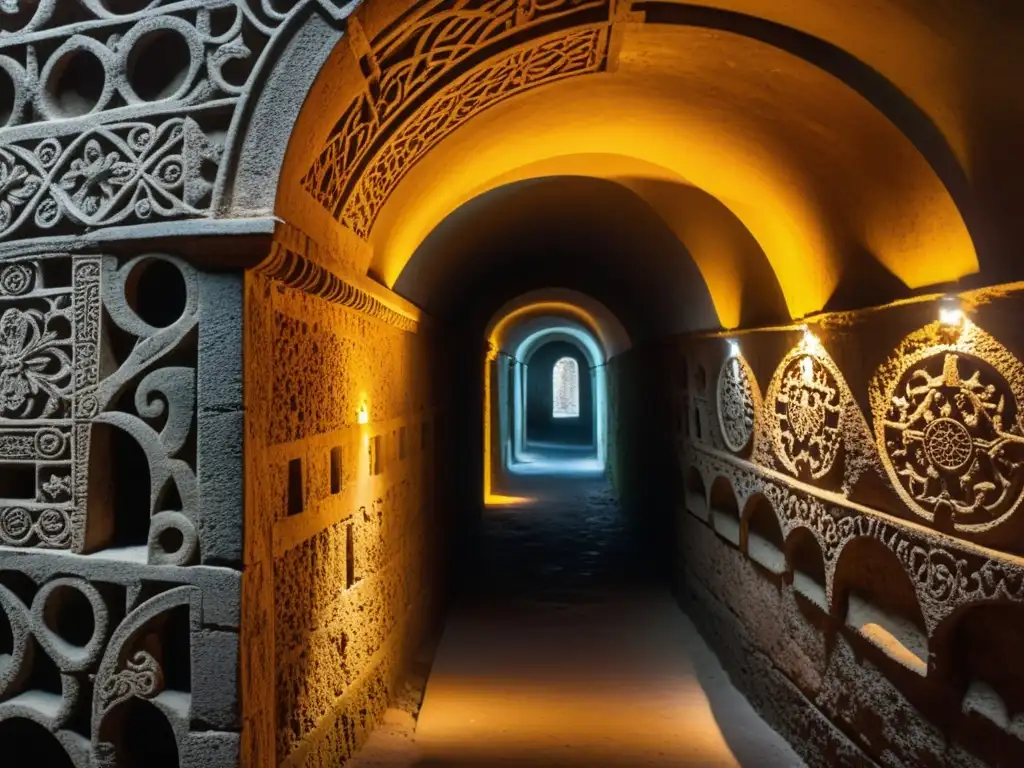 Maravillas subterráneas de la Ciudad de México Explora las antiguas cavidades de Ciudad de México, con sus túneles subterráneos iluminados por luz cálida, arcos ornamentados y restos históricos