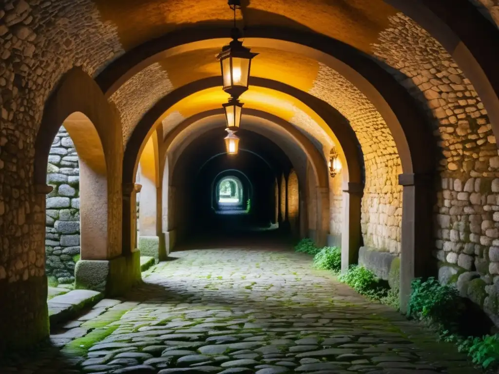 Fotografía de túnel antiguo histórico, cubierto de musgo, con arcos y faroles tenues que proyectan sombras misteriosas en el suelo adoquinado