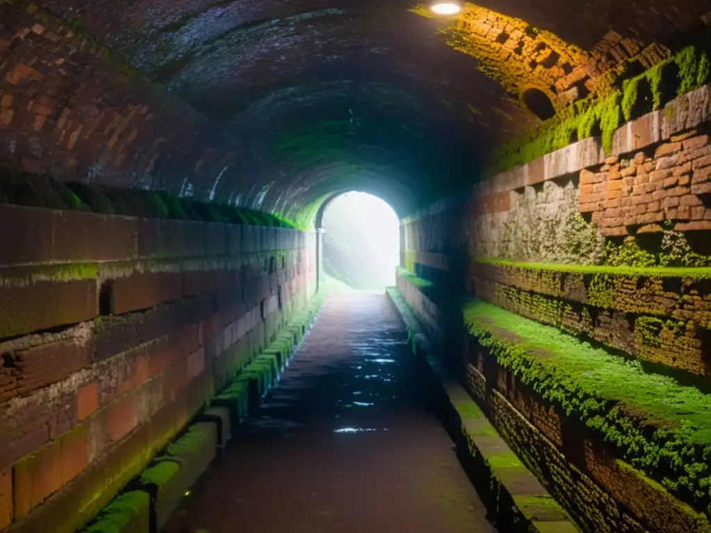 Antiguo túnel subterráneo con ladrillos cubiertos de musgo