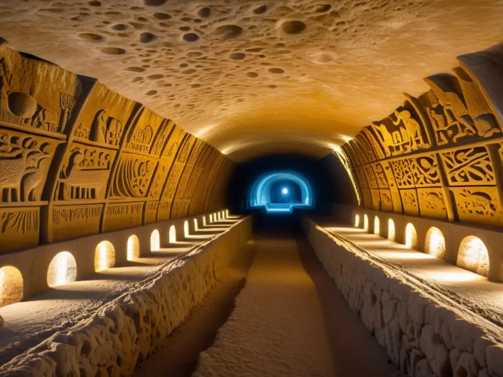 Antiguo túnel de mina de sal subterránea iluminado por luz cálida, revelando intrincadas señales en las paredes