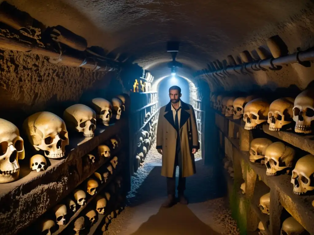 Antiguo túnel subterráneo en las catacumbas de París, con cráneos y huesos humanos creando un ambiente misterioso