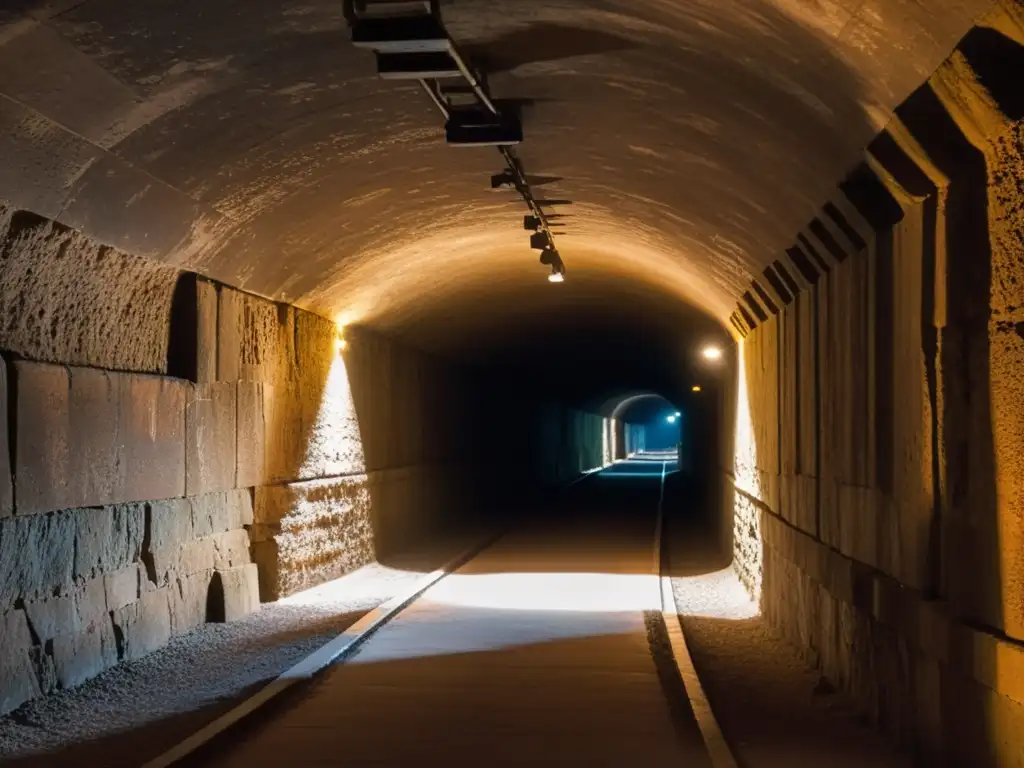 Antiguo túnel subterráneo iluminado por antorchas evoca misterio y la historia de los túneles secretos de la Ruta de la Seda