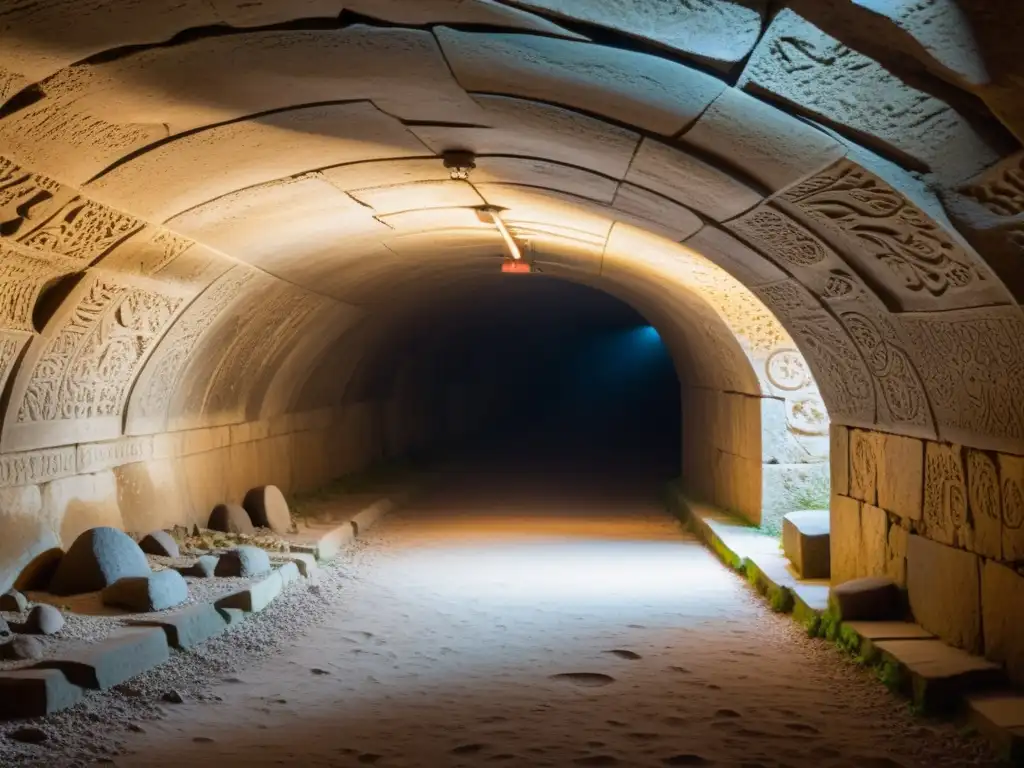 Una fotografía de alta resolución de un antiguo túnel subterráneo iluminado por una cálida luz etérea que se filtra a través de grietas en el techo