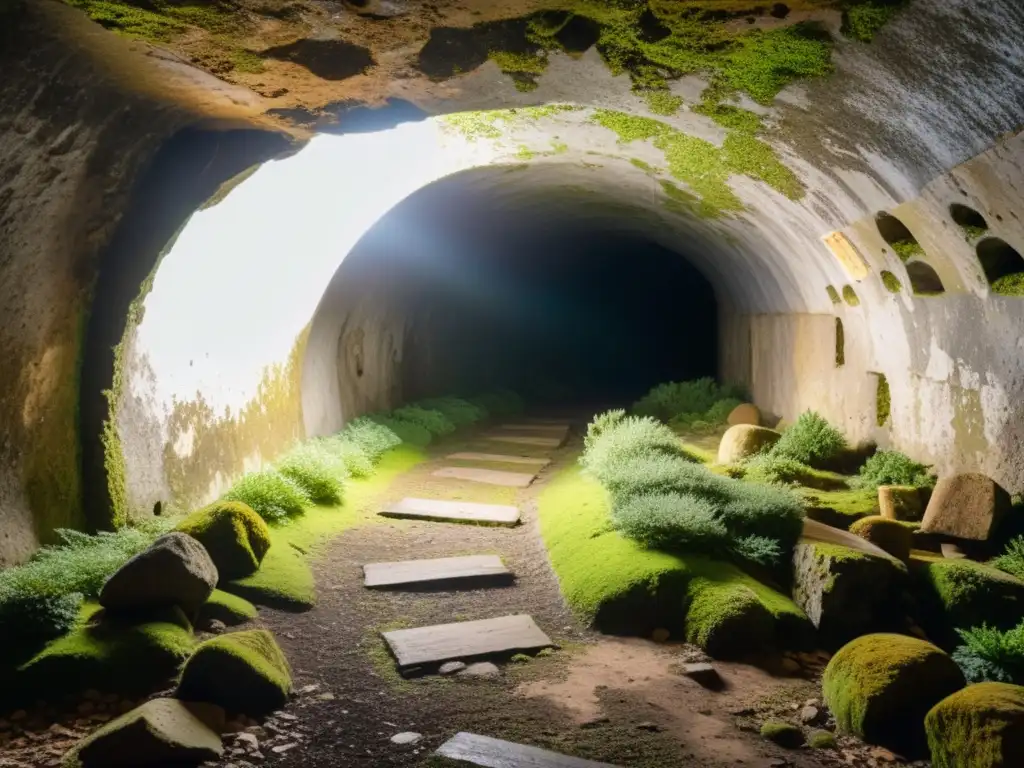 Antiguo túnel subterráneo iluminado por luz cálida, con misterio y riqueza histórica