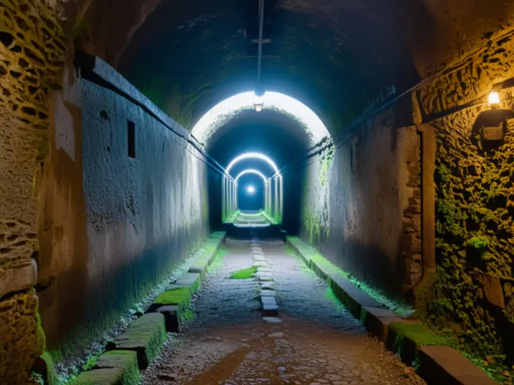 Subterráneo misterioso: túnel antiguo iluminado en Nápoles Antiguo túnel subterráneo en Nápoles con muros de piedra cubiertos de musgo y detalles tallados, revelando los túneles secretos de la ciudad