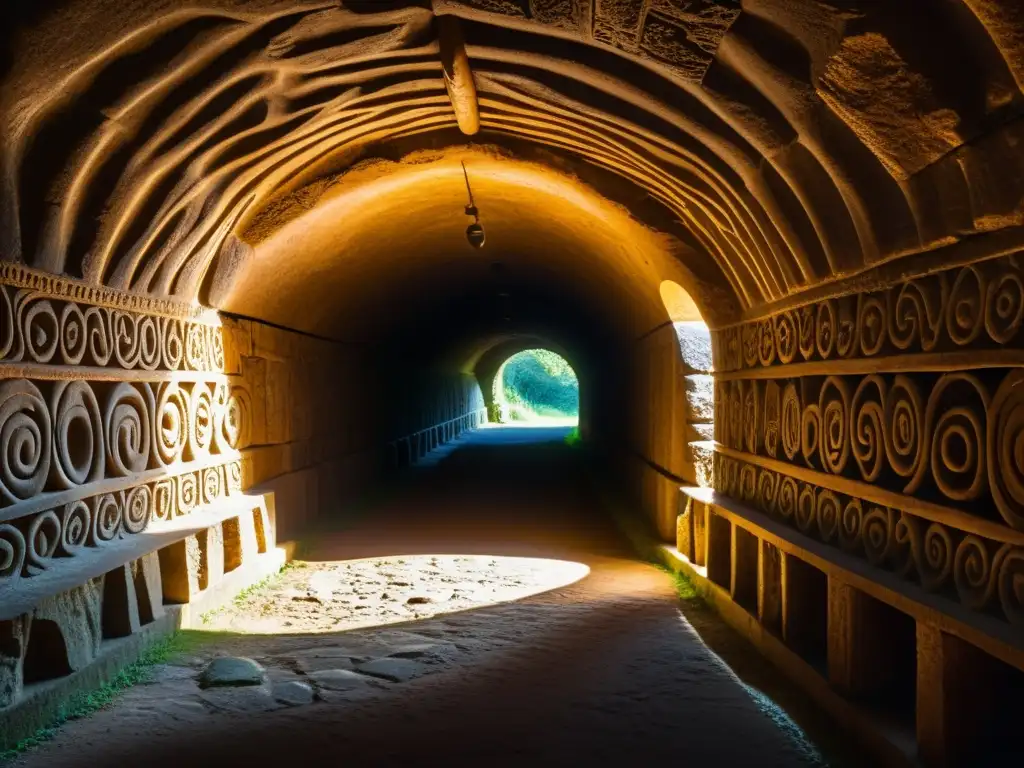 Un antiguo túnel de la Edad de Bronce en Europa, con misteriosos grabados en las paredes y una atmósfera intrigante que despierta curiosidad