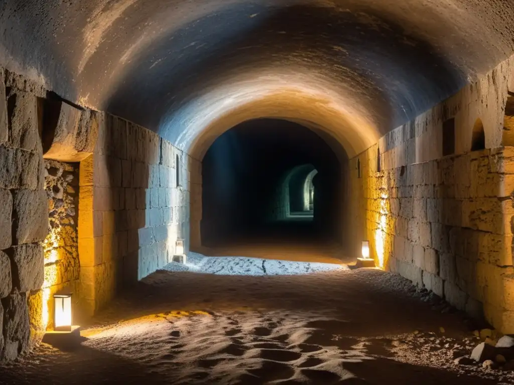 Un antiguo túnel de escape en la Edad Media, con antorchas y misteriosa luz al final