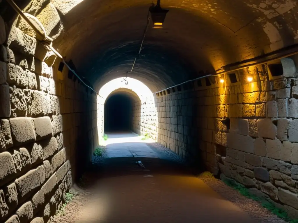 Un antiguo túnel histórico con señales de alerta antigua, evocando misterio y anticipación en la oscuridad