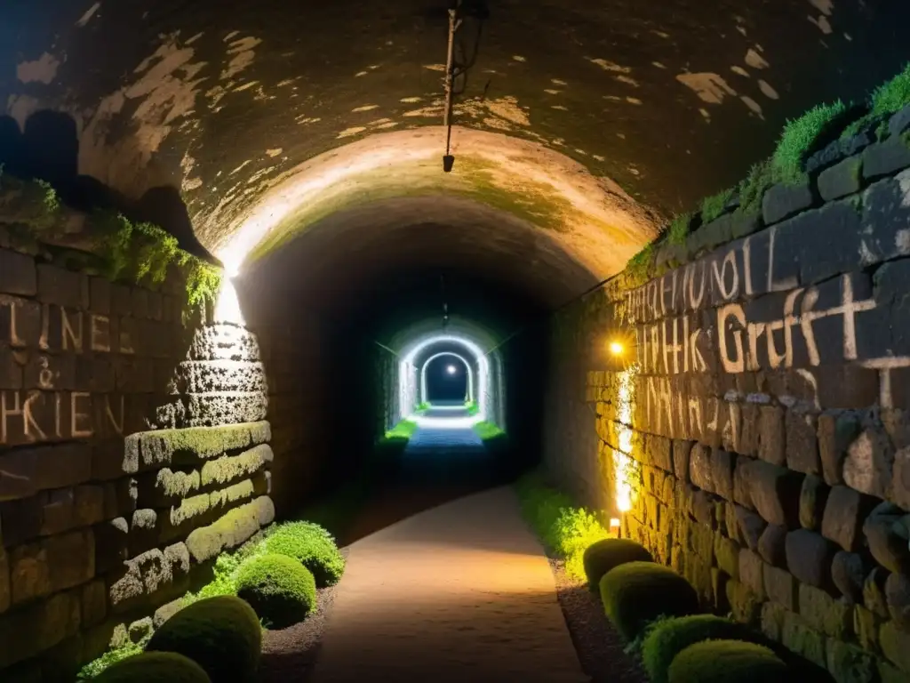 Un antiguo túnel iluminado por antorchas, con paredes de piedra cubiertas de musgo, evocando romances en túneles históricos