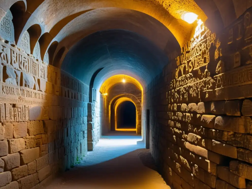 Un antiguo túnel iluminado por luz cálida, con arcos de piedra y misterio