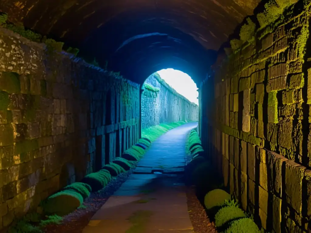 Un antiguo túnel medieval iluminado por antorchas, con paredes de piedra cubiertas de musgo y líquenes