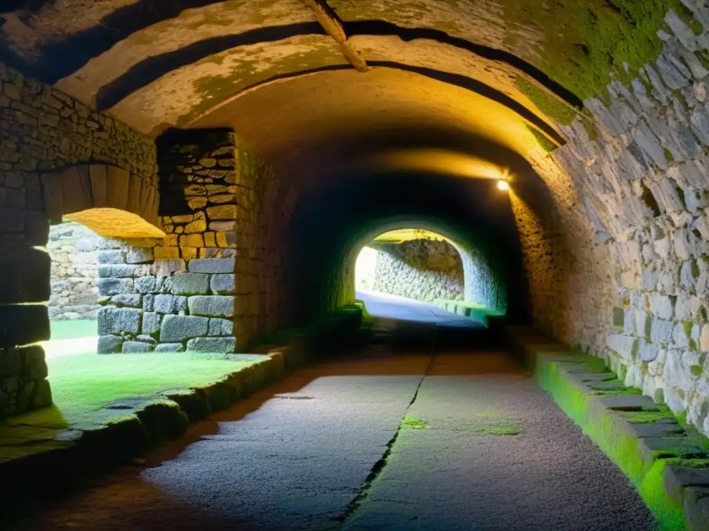 Un antiguo túnel en Jerusalén, con paredes de piedra marcadas por siglos y una tenue luz que ilumina el musgo