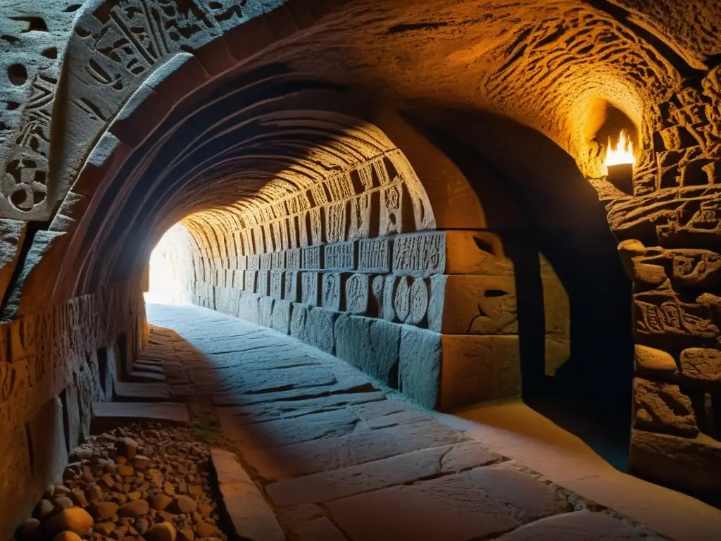 Un antiguo túnel de piedra iluminado por antorchas, con inscripciones y relieves en las paredes