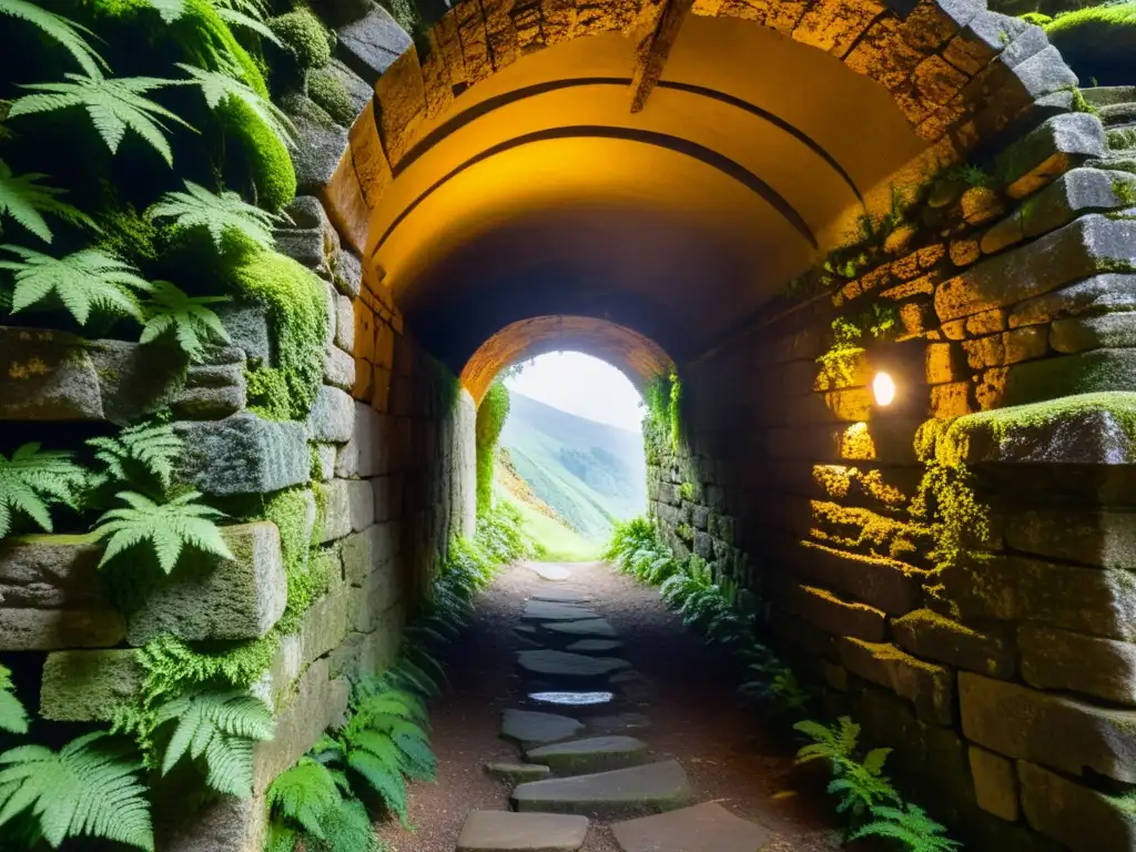 Un antiguo túnel de piedra iluminado por la cálida luz dorada, adornado con musgo y helechos, revela intrincadas decoraciones históricas