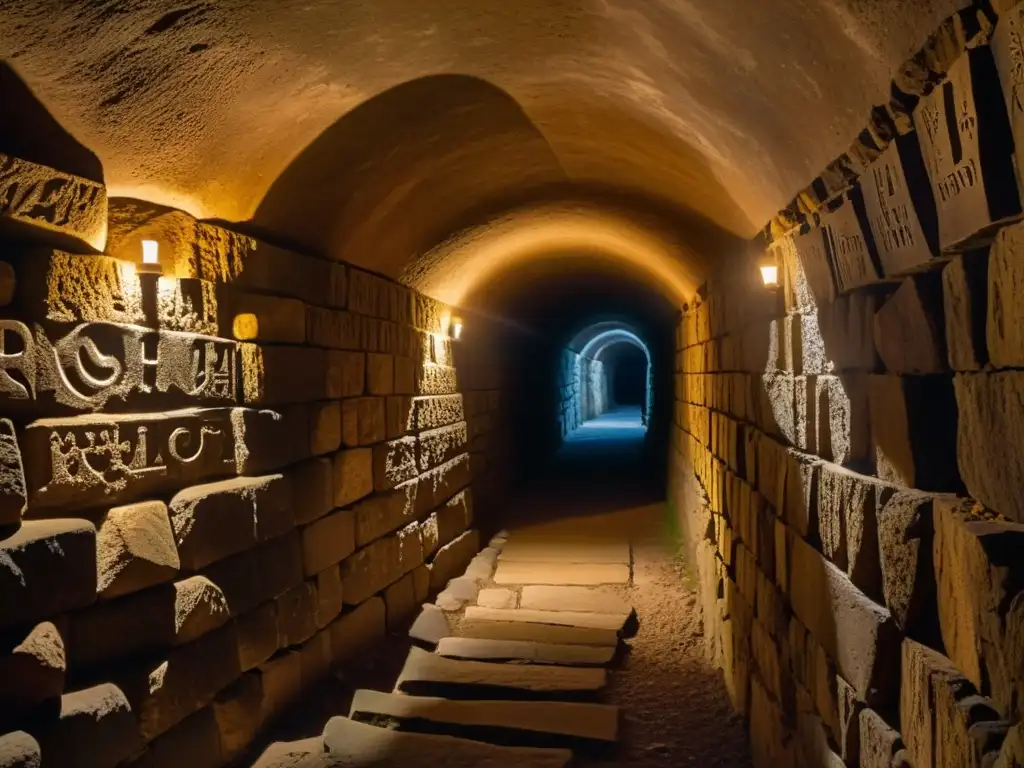 Un antiguo túnel de piedra en la montaña con luz de velas, símbolos religiosos y misterio, evocando túneles históricos rutas religiosas