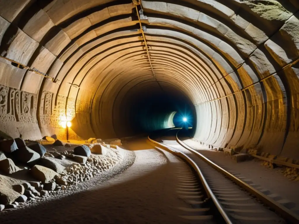 Antiguo túnel con refuerzos estructurales tallados en la roca, evocando la evolución de técnicas de refuerzo en túneles