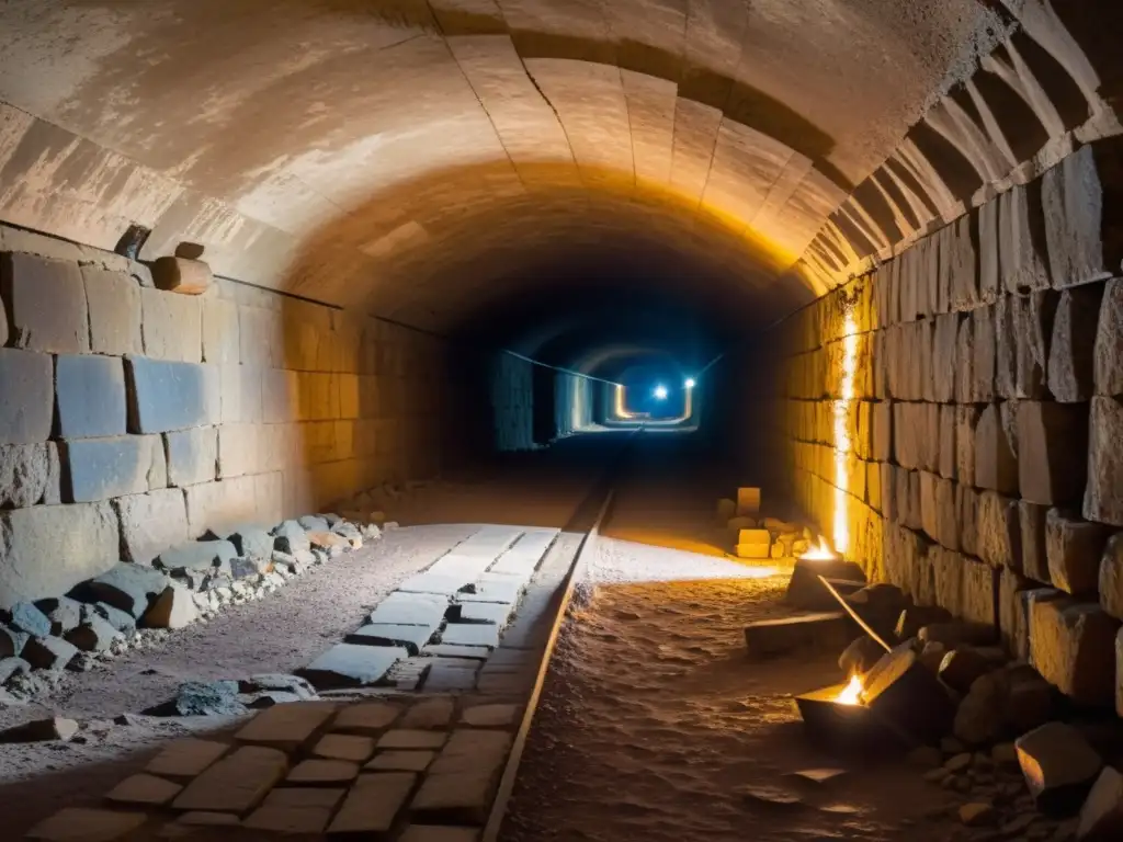 Un antiguo túnel subterráneo iluminado por antorchas, revelando la evolución de la iluminación en túneles históricos