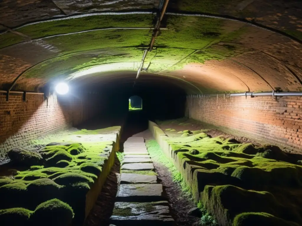 Un antiguo túnel subterráneo iluminado por tenues rayos de luz, con muros de ladrillo cubiertos de musgo y raíces