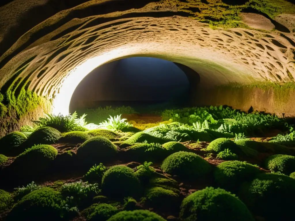 Un antiguo túnel subterráneo iluminado por antorchas, con grabados en las paredes y musgo