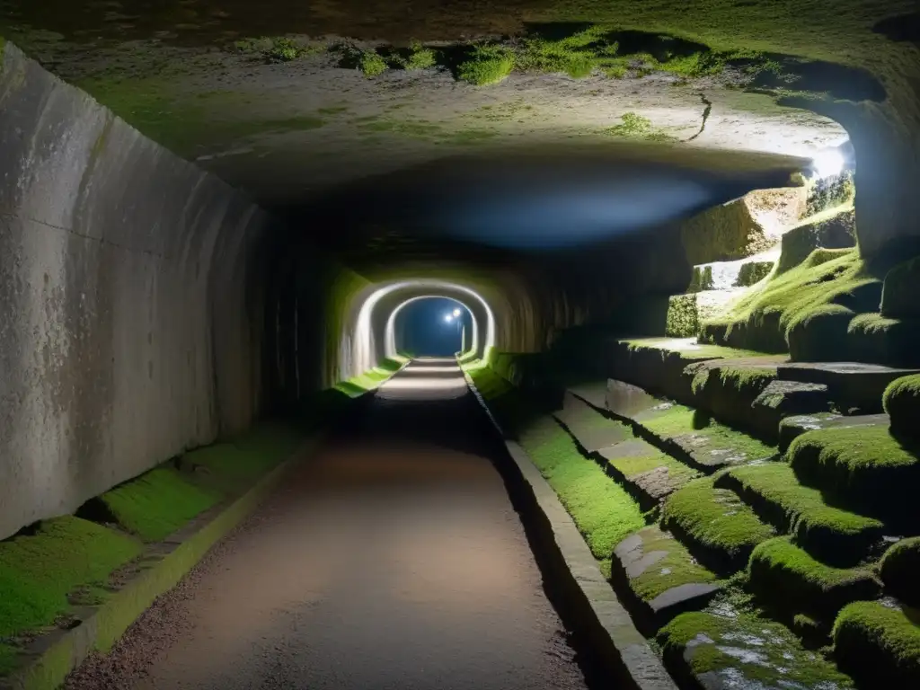 Exploración en un antiguo túnel subterráneo, con paredes de piedra desgastada y musgo