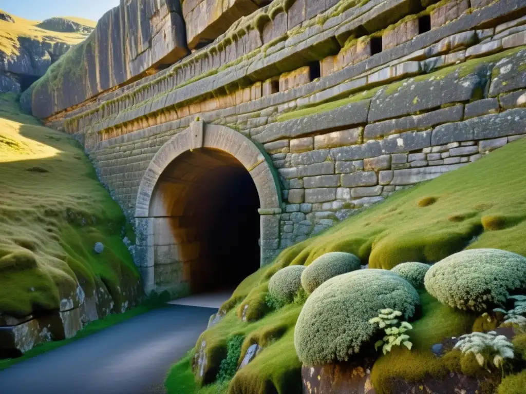 Antiguo túnel esculpido en la roca: detalle impresionante Un antiguo túnel tallado en un acantilado rocoso con desgaste natural, mostrando la conservación de materiales históricos