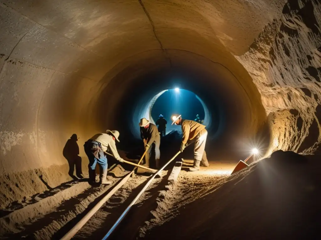 Antiguos trabajadores usan técnicas de excavación manual en un túnel subterráneo, con iluminación tenue y esfuerzo evidente