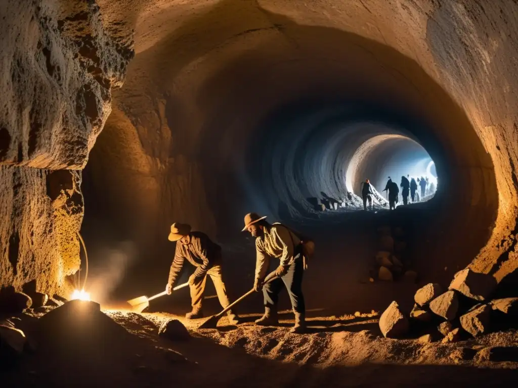 Antiguos trabajadores excavando un túnel con herramientas primitivas bajo la luz tenue de antorchas