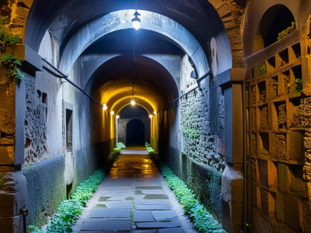 Subterráneo antiguo: Red de túneles secretos en Nápoles Explora los antiguos túneles secretos de la ciudad de Nápoles, con sus pasadizos y arcos iluminados por luces tenues, revelando un mundo enigmático y lleno de historia