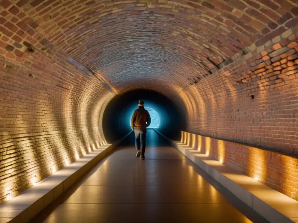 Aplicaciones de RA en túneles: Túnel histórico iluminado por tecnología de realidad aumentada, fusionando el pasado con el presente en una experiencia inmersiva