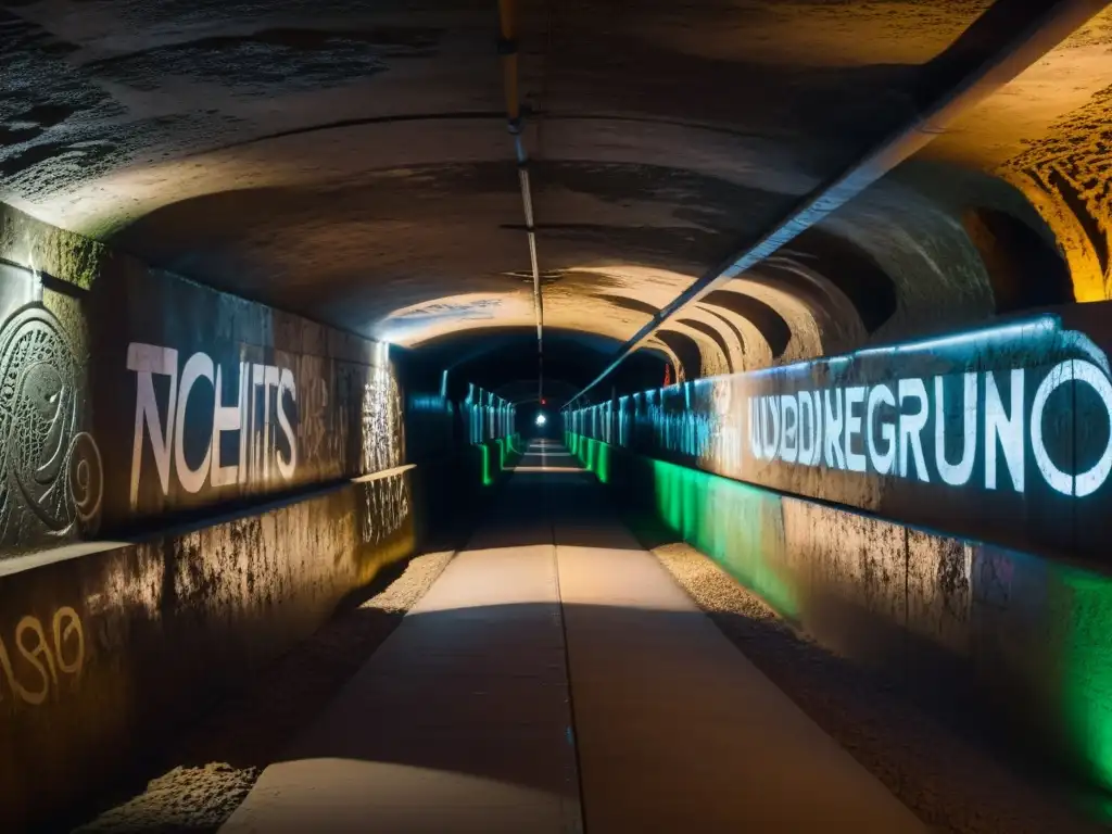 Aplicaciones de RA para túneles: Imagen documental de un túnel subterráneo iluminado débilmente con graffiti histórico y figuras superpuestas