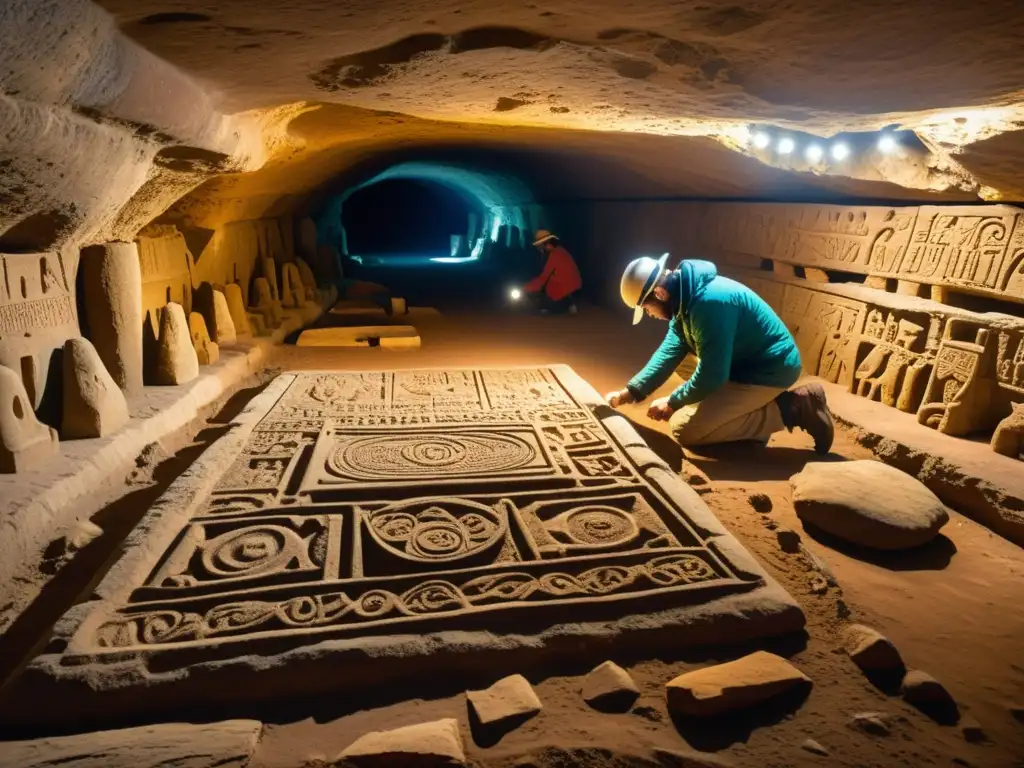 Arqueología subterránea: conservación, historia y dedicación en la preservación de antiguos artefactos y grabados en piedra, iluminados suavemente