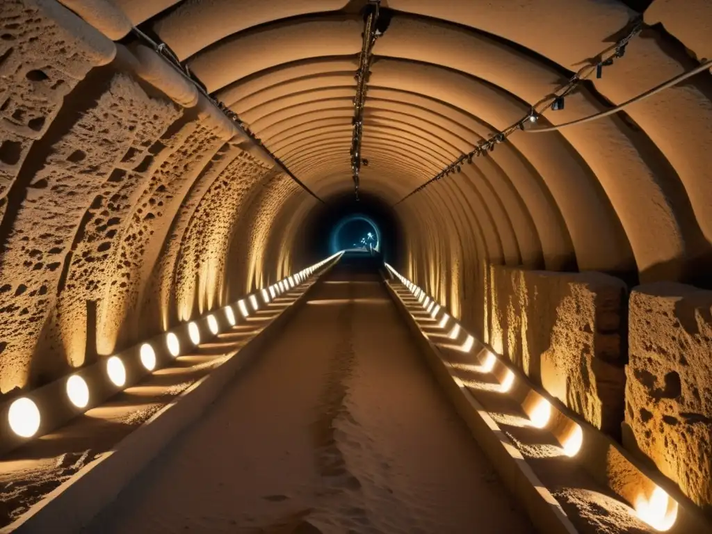 Exploración arqueológica con sistemas de ventilación en túneles históricos, iluminación cálida y herramientas antiguas