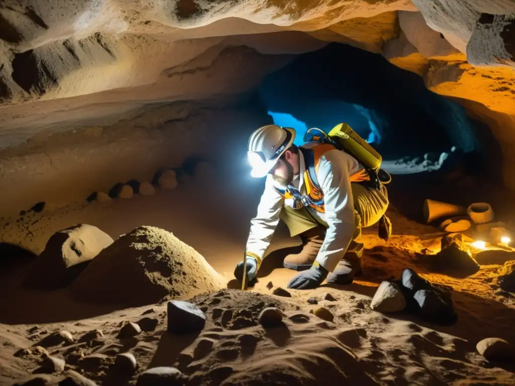 Arqueólogo excavando una cueva subterránea, rodeado de túneles y artefactos antiguos, en una escena de misterio e intriga