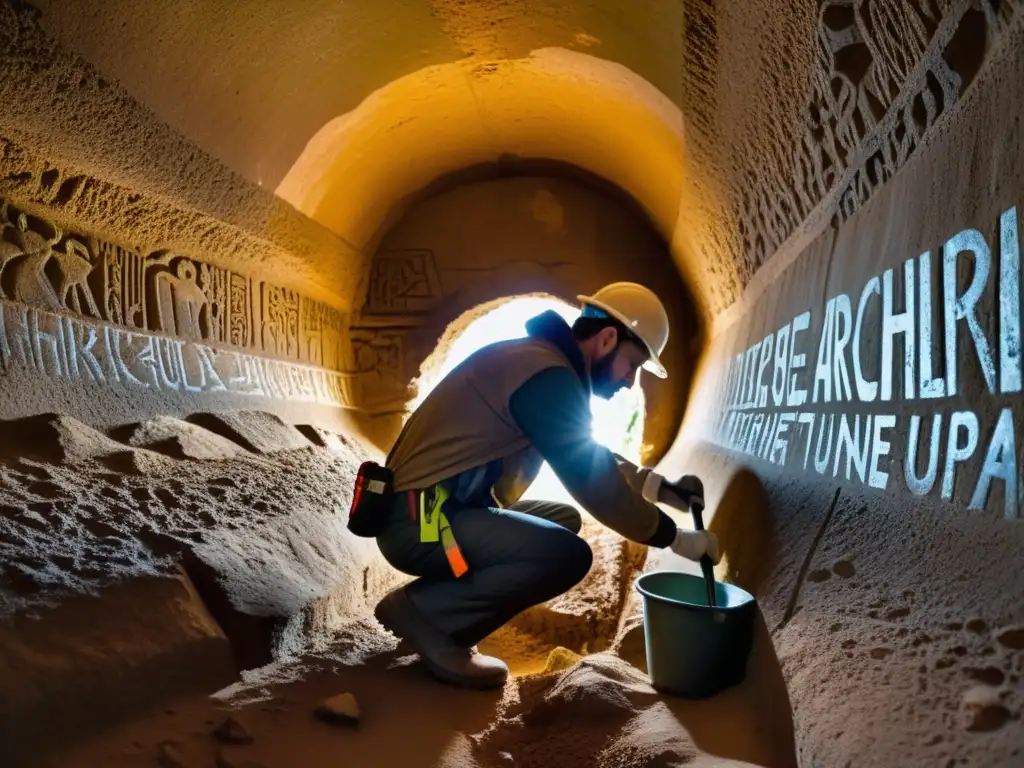 Arqueólogo excavando con cuidado en un estrecho túnel, rodeado de antiguas paredes de piedra cubiertas de grafitis centenarios