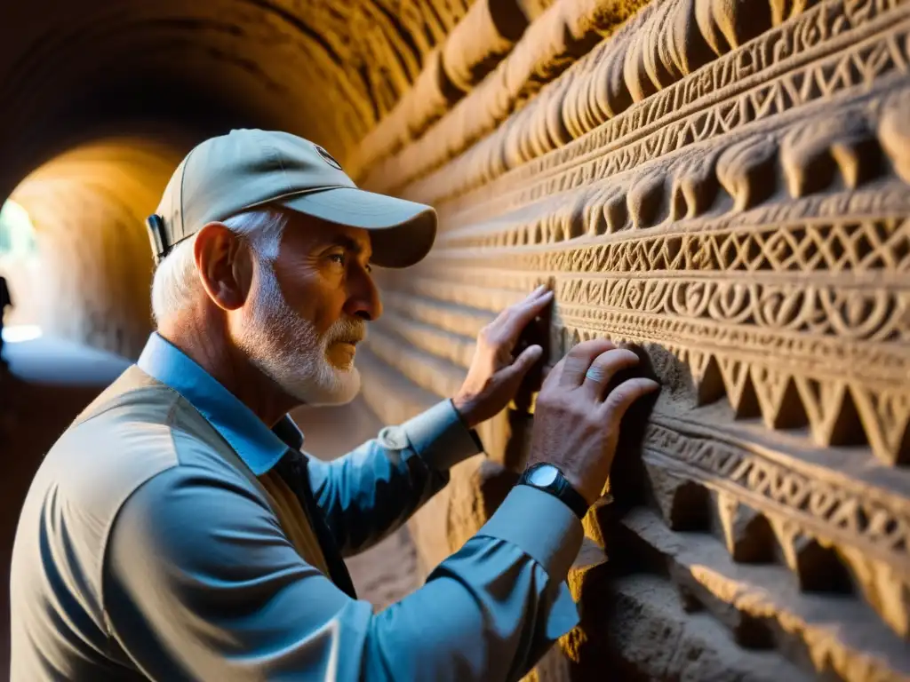 Un arqueólogo explora con cuidado las texturas de un antiguo túnel, usando técnicas de palpación en túneles históricos para descubrir su historia grabada en la piedra