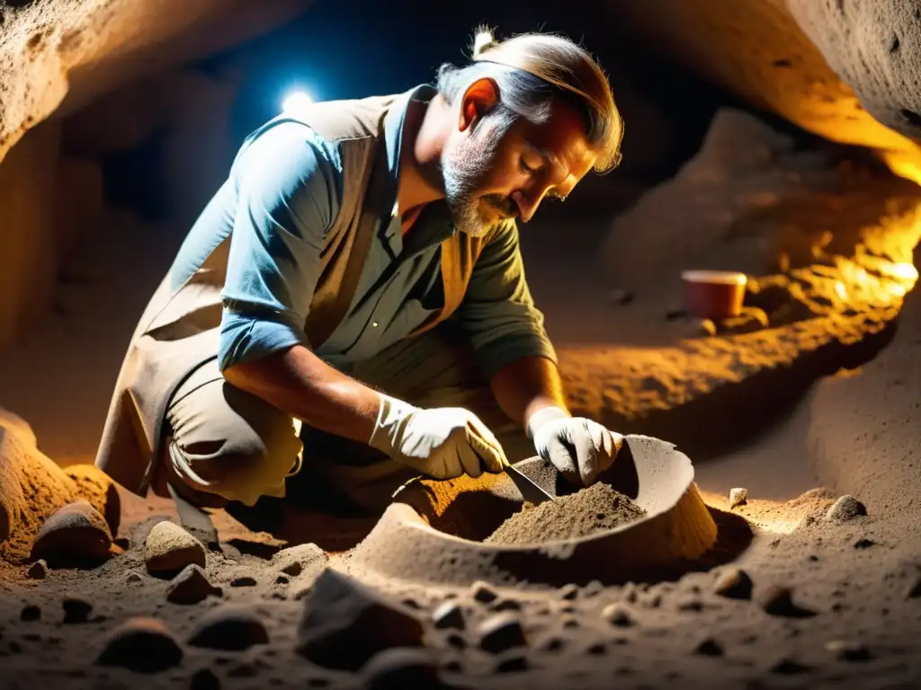 Un arqueólogo descubre detallados grabados en un antiguo artefacto bajo tierra, iluminado por la luz de su lámpara frontal